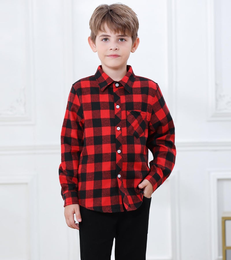 SANGTREE Boys and Mens Flannel Plaid Long Sleeve Shirt Casual Button Down Shirts, 1# Red Black, 14-15 Years - Image 3
